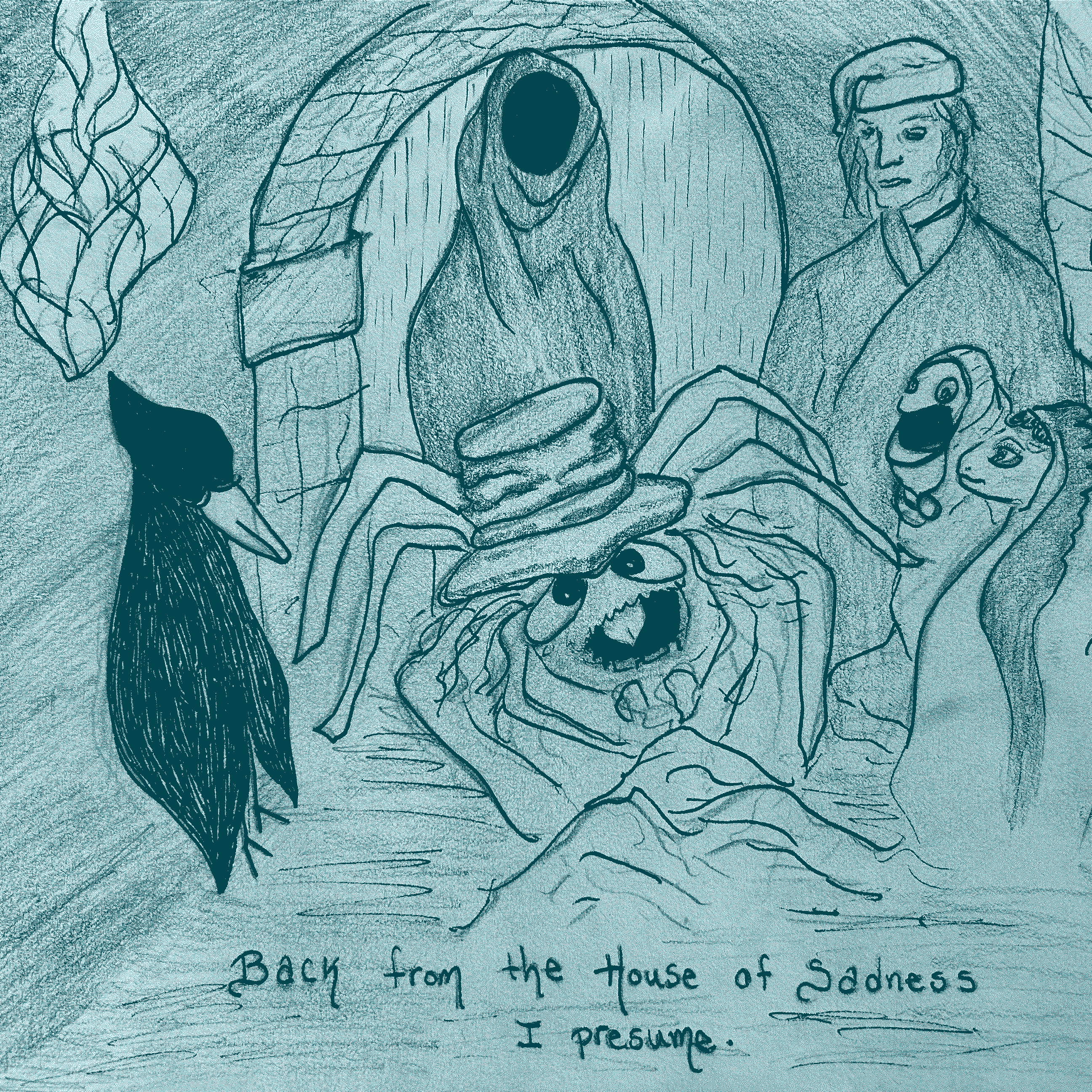 a drawing by grace josephine williams based on the muppet christmas carol, showing Old Joe the Spider, the Ghost of Christmas Future cloaked in a grim reaper's robe, and Scrooge, looking on, dismayed, cloaked in his best dressing gown, with his night cap on his head. Near the bottom of the image, spidery text reads, 'Back from the House of Sadness, I presume'.
